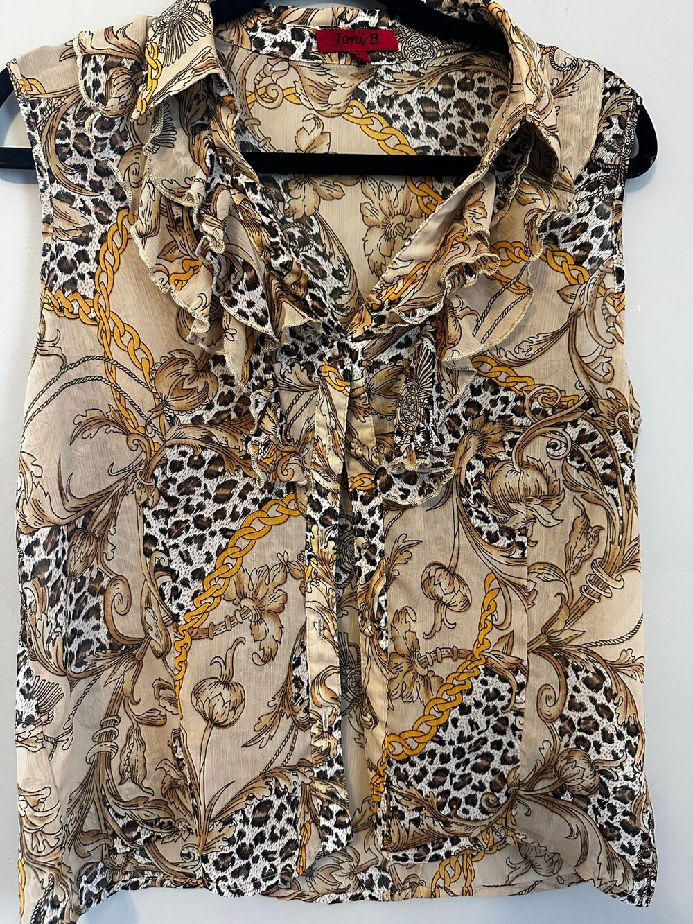 Joni B Vintage Leopard Chain Floral Ruffle Blouse Top Medium